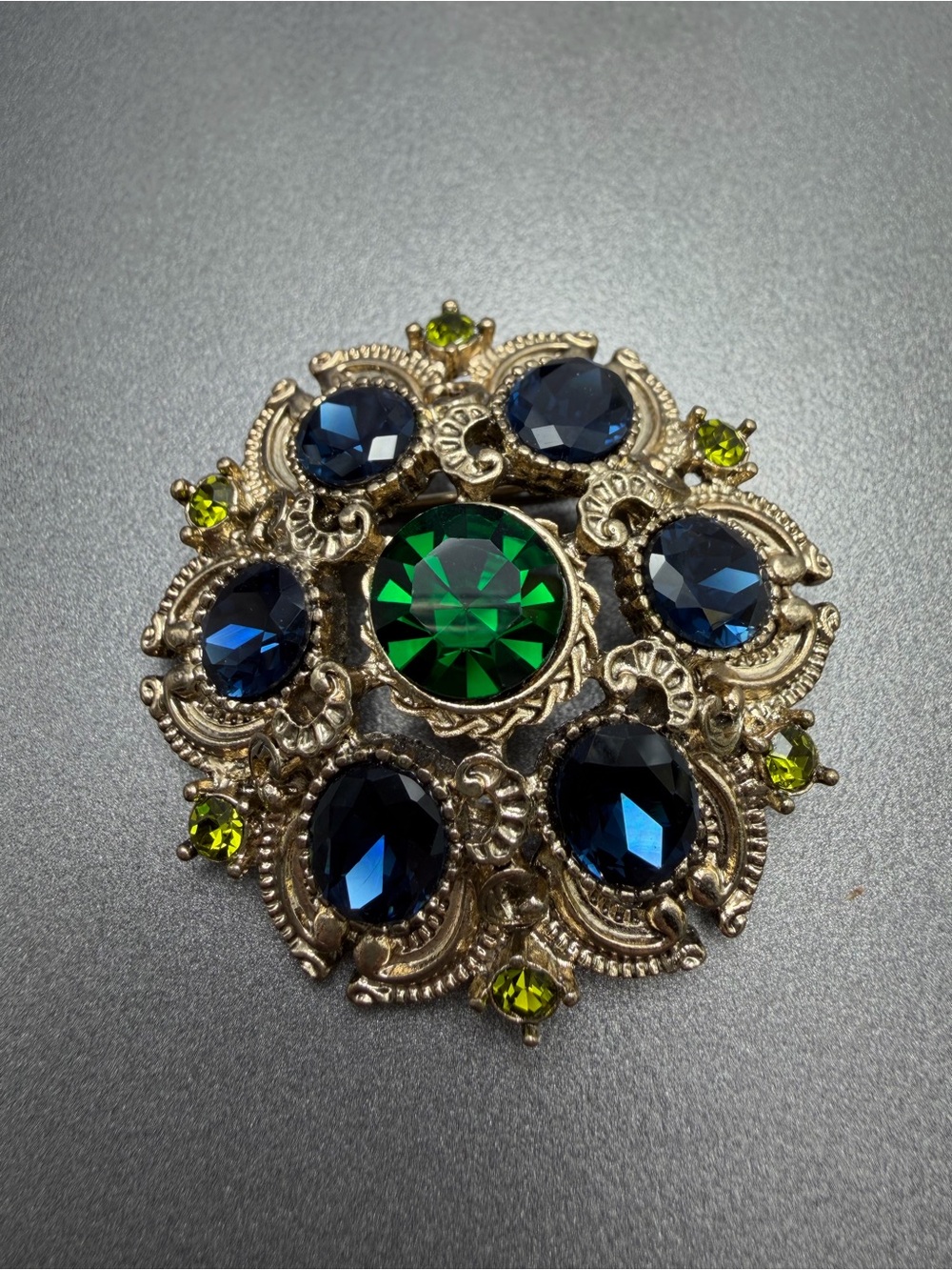 ⬇️⬇️ Vintage Squire Brooch with Green and Deep Blue Stones #60SB